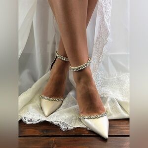 Handmade Sparkly Ivory Bridal Heels with Ankle Strap and Block Heel